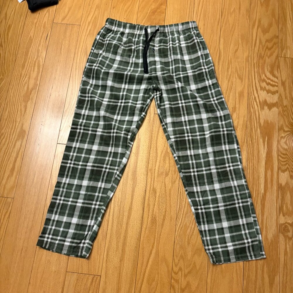 Isotoner Mens Green & White Medium Plaid Fleece Pants Lounge Pajama Bottoms